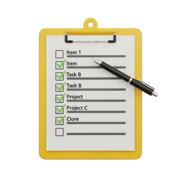 A clipboard with a checklist and a pen isolated on transparent background