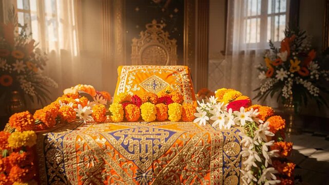 Holy Palanquin Decorated with Marigold Flowers and Silk Cloth inside Sacred Temple
