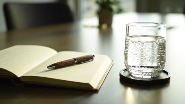 Open notebook with pen and glass of water on a wooden desk.