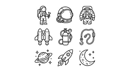 Fototapeta premium Hand drawn clean solid bold astronaut space explorer icon set helmet suit jetpack oxygen tank tether planet rocket moon, black ink vector illustration