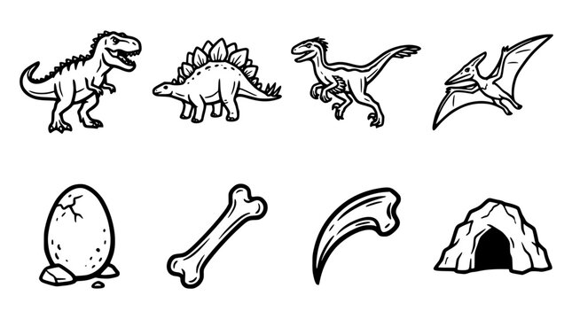 Hand drawn clean solid bold prehistoric dinosaur icon set t rex stegosaurus velociraptor pterodactyl egg bone claw cave, black ink vector illustration