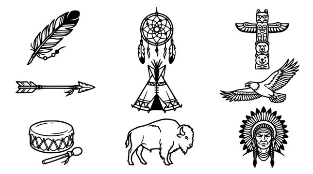 Hand drawn clean solid bold native american icon set feather dreamcatcher totem arrow teepee eagle drum buffalo chief, black ink vector illustration