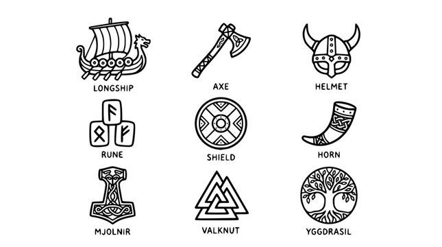 Hand drawn clean solid bold viking norse element icon set longship axe helmet rune shield horn mjolnir valknut yggdrasil, black ink vector illustration