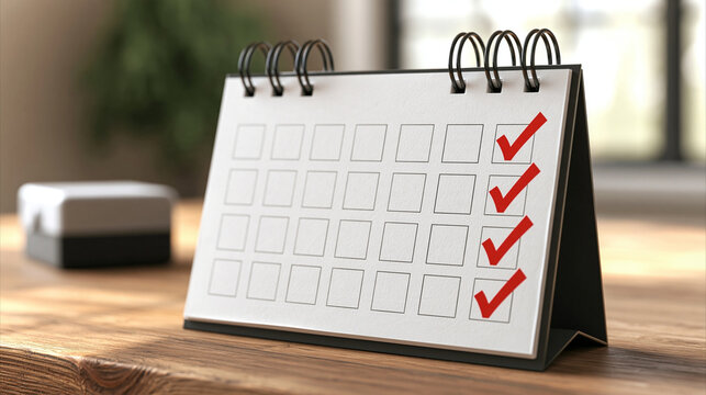 Calendar with Checkmarks: A close-up shot of a desk calendar on a wooden surface, with four red checkmarks marking specific dates, symbolizing progress and completed tasks.