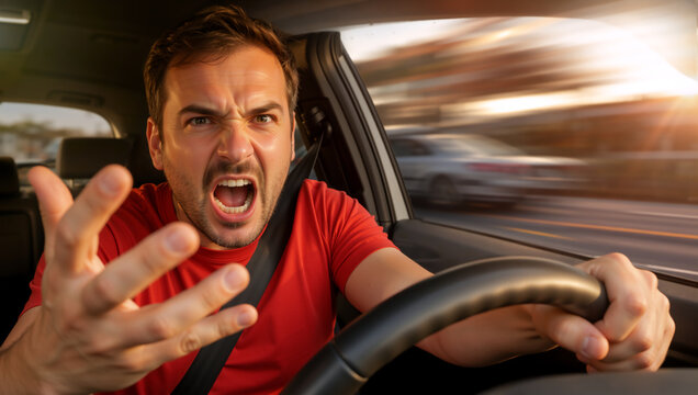 Angry male driver shouting and gesturing in road rage. Furious man in red shirt driving car aggressively. Concept of traffic frustration and stress
