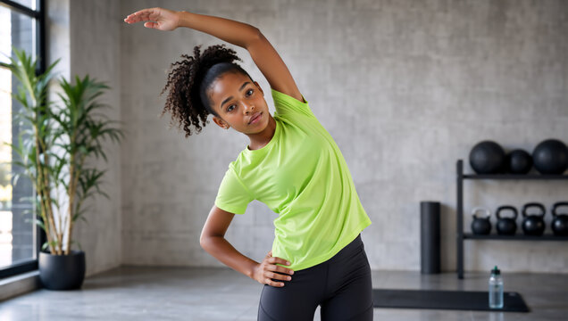 Young Black woman stretching in a modern gym. African American female in green shirt doing side stretch exercise. Fitness and healthy lifestyle concept
