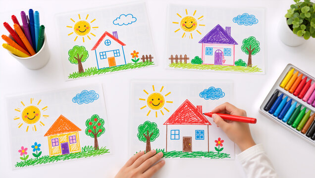 Top view of child hands drawing a colorful house with a red marker. Flat lay of kids artwork with crayons and markers on a white table. Creative educational activity