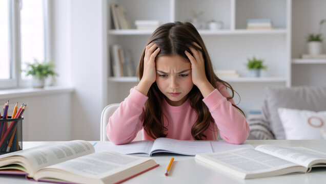 Frustrated young girl struggling with homework at a desk. Stressed student holding head in hands while looking at open textbooks. Education and learning difficulty concept