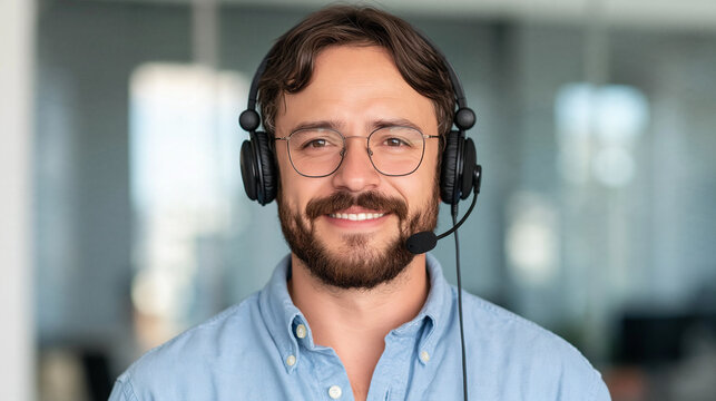 Friendly Support Agent: A smiling man wearing headphones with a microphone, wearing glasses and a blue shirt, looking directly at the camera with a friendly expression, ready to assist.
