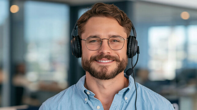 Customer Service Professional: A smiling man wearing a headset and glasses, looking directly at the camera in a professional office setting, embodying helpfulness and competence.