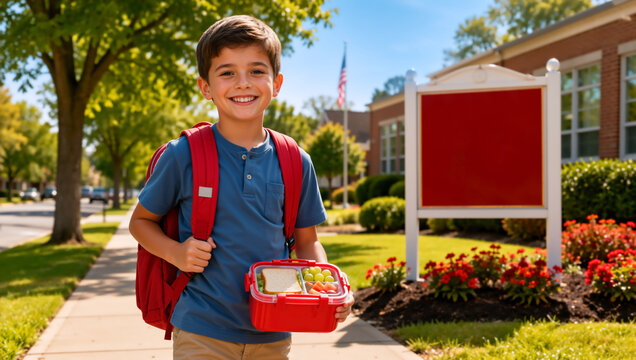 Smiling schoolboy holding a healthy lunchbox and wearing a red backpack. Young student walking on a sidewalk in front of a school building. Back to school concept. Copy space for text