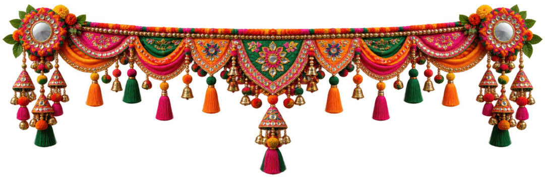 Traditional indian decorative toran door hanging with colorful fabric, mirrors, bells, and tassels, isolated on transparent background