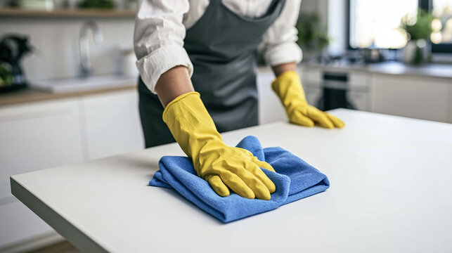 Detail cleaning of a white table: A person wearing yellow gloves is meticulously wiping a white table with a blue cloth, emphasizing hygiene and cleanliness in a bright kitchen setting.