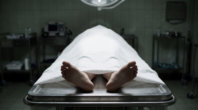 Covered Corpse Lying on Stainless Steel Table in Dark Morgue Forensic Autopsy Concept