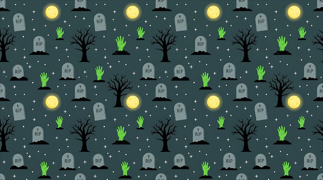 Halloween haunted graveyard tombstone seamless pattern background flat vector.