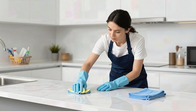 Young Woman Cleaning White Marble Kitchen Countertop with Blue Cloth and Gloves in Bright Modern Minimalist Domestic Home Interior Setting
