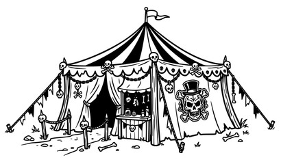 Spooky carnival tent booth with skull decorations in black and white, creepy circus vector illustration © Md Humaun