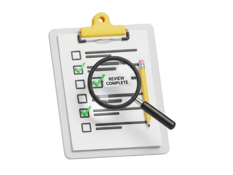 A clipboard with a checklist and a magnifying glass isolated on transparent background