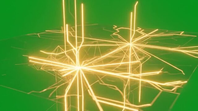 Glowing gold geometric wireframe transforming on green screen