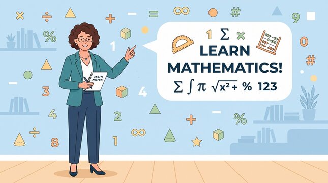 Woman teaching mathematics with colorful educational icons