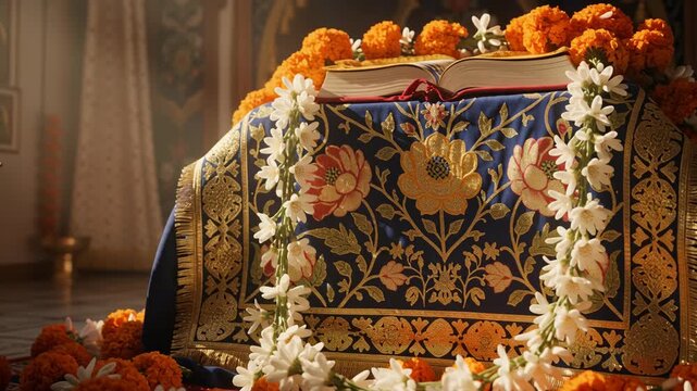 Sacred Palanquin Draped in Embroidered Blue Silk with Marigold Garland Floral Decor inside Temple