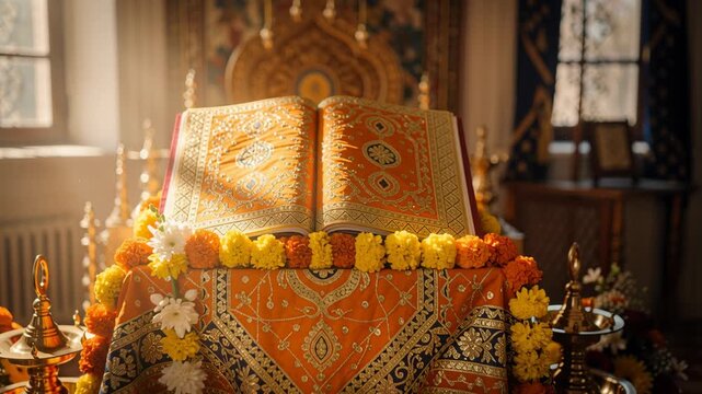 Sacred Sikh scripture resting on decorated palanquin during religious festival