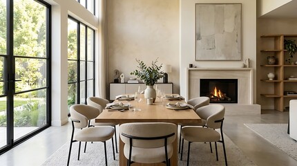 Obraz premium Elegant dining room with a large table, chairs, fireplace, and artwork