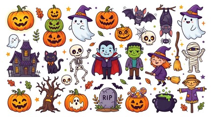 Obraz premium Halloween party character and symbol collection containing icons for Jack o lantern Vampire Ghost Witch Skeleton Haunted house and Mummy for autumn holiday design and celebration