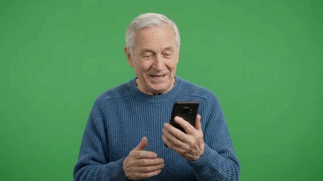 Happy senior man looking at smartphone screen on solid green background