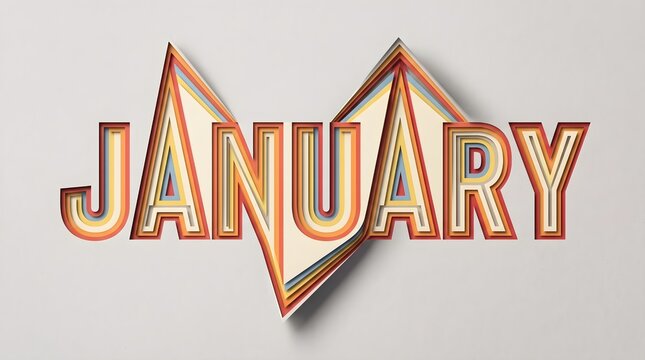 January word written in a stylized multi-layered 3D typography design against a neutral background with 3D letters text design graphic design month name decorative tex