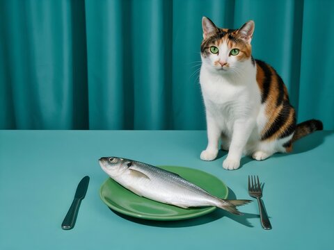 Calico Cat Ponders Its Fresh Fish Dinner, Served with Knife and Fork on a Vibrant Teal Background