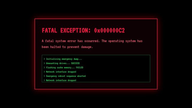 Red fatal exception error boxes flashing on a black background