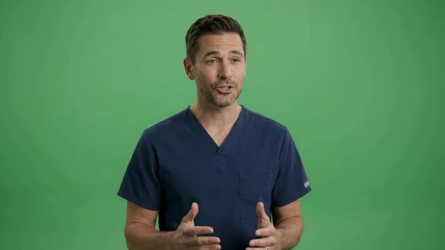 Male healthcare professional talking in blue scrubs against green screen