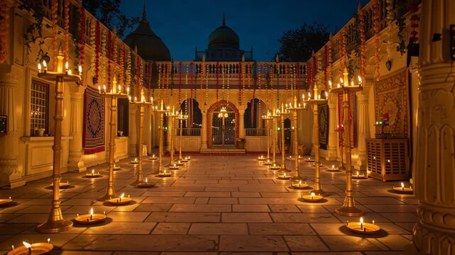 Beautiful illuminated temple courtyard decorated with glowing candles and floral garlands during evening festival celebration