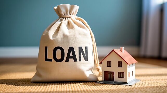 Loan financing concept with money bag and miniature house representing home purchase and mortgage