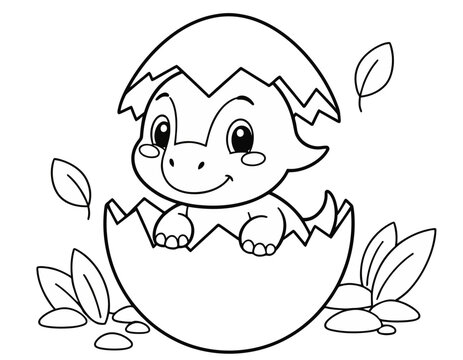 Cute baby dragon hatching from egg coloring page.