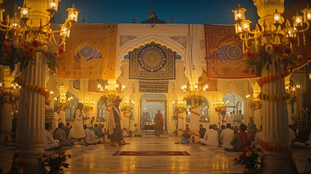 Vibrant Sikh Festival Celebration Inside Lit Temple Courtyard at Evening