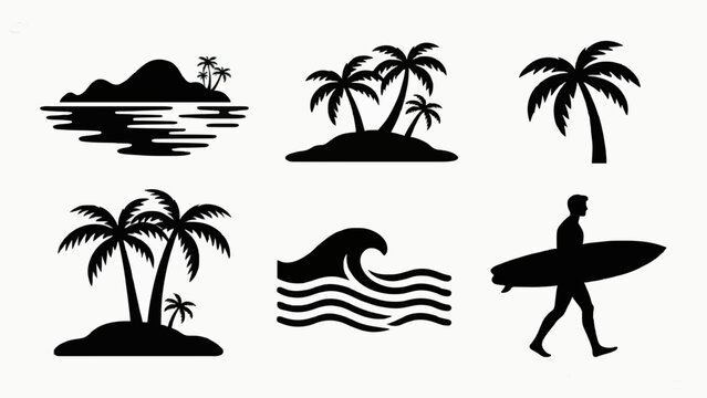 Tropical Island and Surfer Silhouette Vector Icon Set