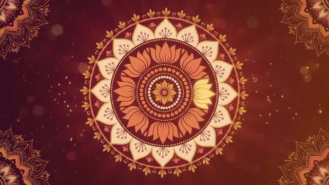 Golden lotus mandala with cream petals and ornamental corners on maroon background for durga puja navratri diwali and traditional hindu festival celebrations
