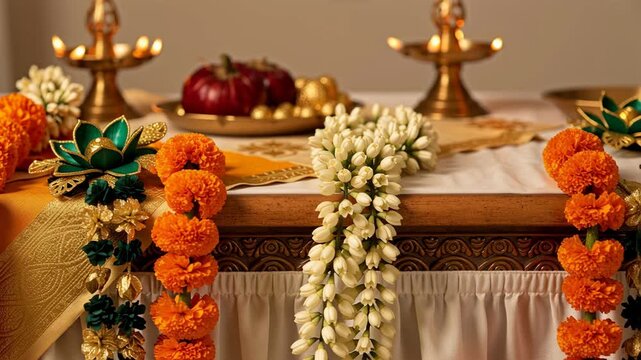 Festive Orange Marigold Garlands and Jasmine Flowers Decorating a Sacred Altar Table