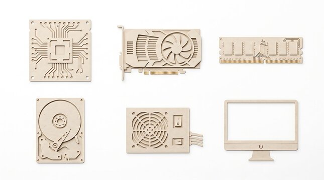 Paper cut computer components arranged on a white background circuitboard