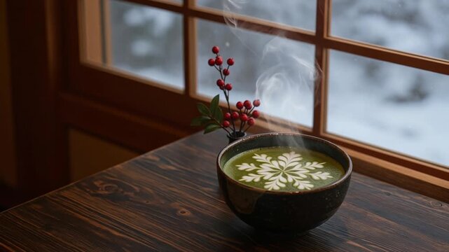 冬の雪降る障子窓際の和モダン茶房の木製テーブルで雪の結晶アートの抹茶ラテから立ち上る温かい湯気