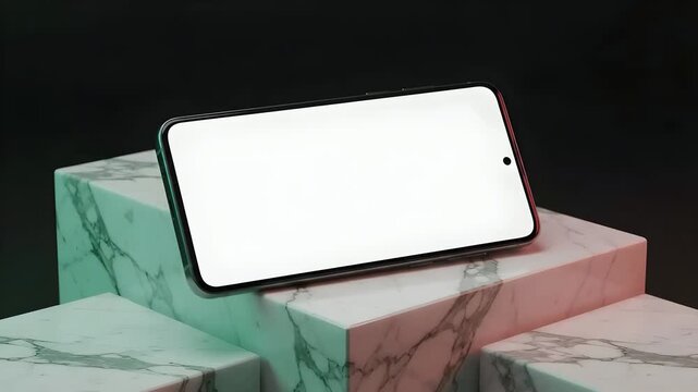 Smartphone with Blank White Screen Mockup on White Marble Cube with Smoke Podium 4K Video Resolution
