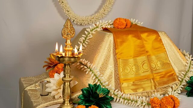 Golden Sacred Cloth and Floral Garland Palki Decoration for Sikh Festival Celebration