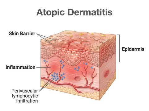 Atopic Dermatitis Medical Infographic Showing Damaged Skin Barrier Epidermis Inflammation and Perivascular Lymphocytic Infiltration Isolated on White