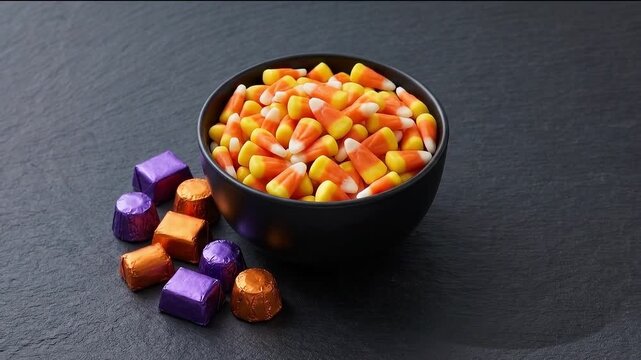 Halloween Candy Corn in Black Bowl with Colorful Autumn Sweets