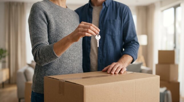 Young couple holding metal house key while standing in front of cardboard moving box in new apartment home