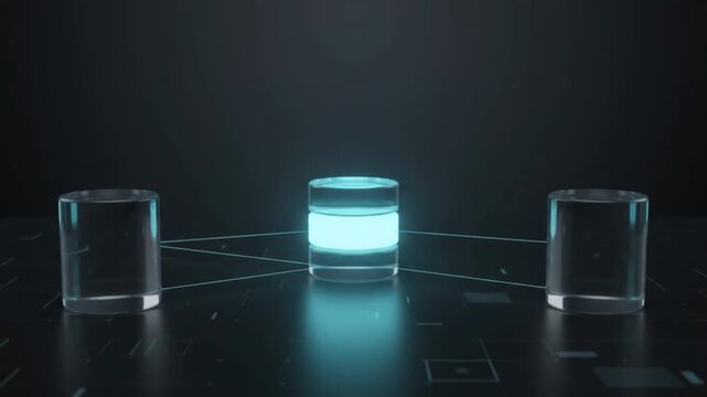 Central glowing cylinder surrounded by clear cylinders in a dark lab setting