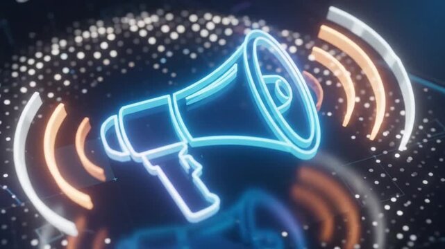 Smartphone displaying futuristic glowing digital megaphone interface animation