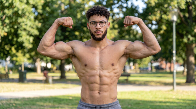 Calisthenics athlete and muscular man flexing muscles outdoor in a park fitness portrait showing strength